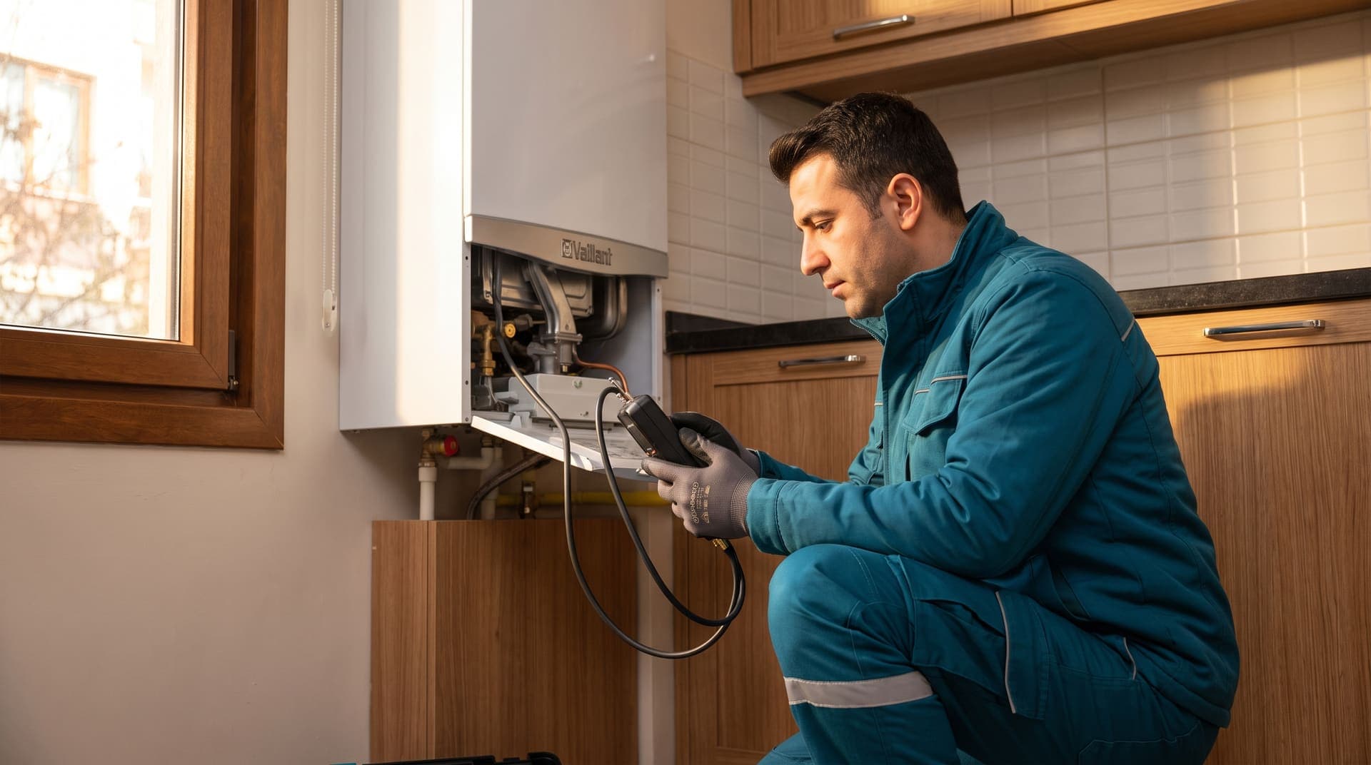 Teknisyen duvara asılı kombide manometreyle kontrol yapıyor
